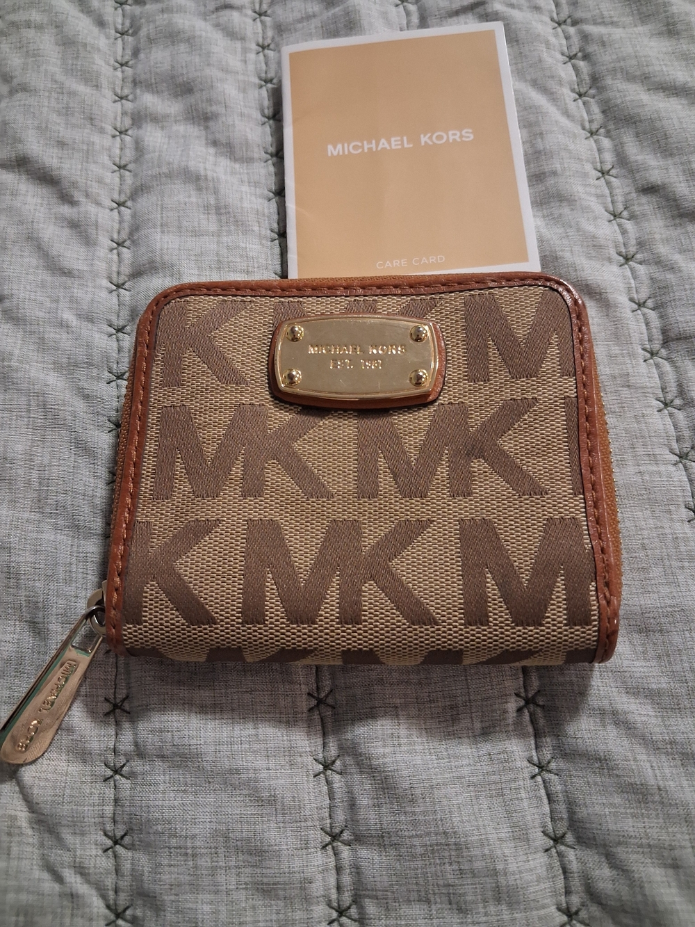 Michael Kors Tan and Brown MK Logo Zip-Around Wallet